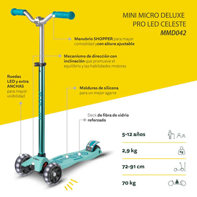 Micro Scooter Maxi Micro Deluxe LED PRO - Celeste