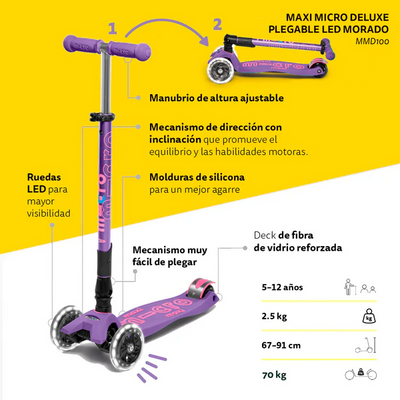 Micro Scooter Maxi Deluxe Plegable Led - Morado