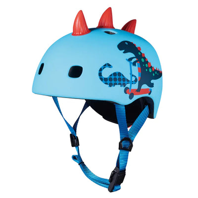 Casco infantil con figura de dinosaurio en 3D, marca Micro, perfecto para paseos y aventuras.