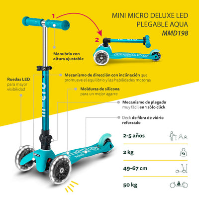 Micro Scooter Mini Micro Deluxe LED PLEGABLE - Aqua