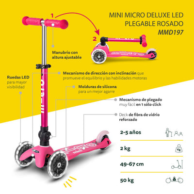 Micro Scooter Mini Micro Deluxe LED PLEGABLE - Rosado